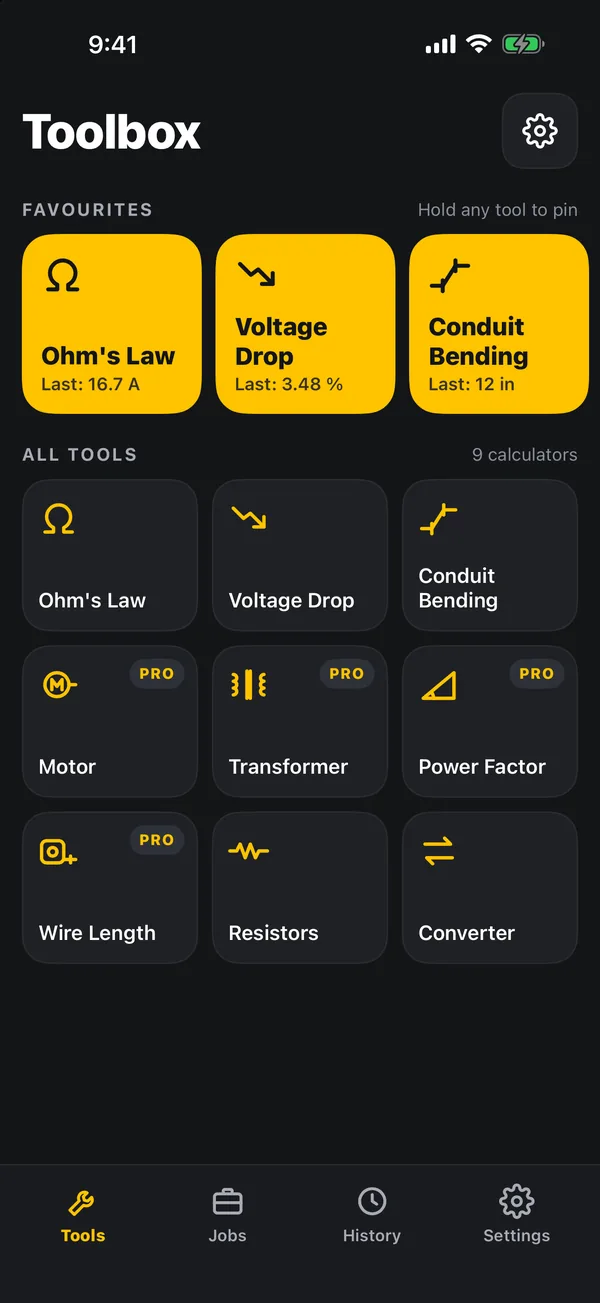 Home screen with favourite tools and all nine calculators