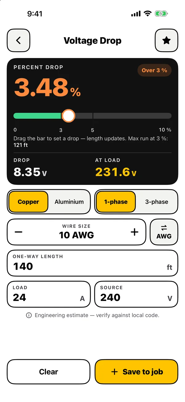 The voltage drop screen in black-on-white sun mode