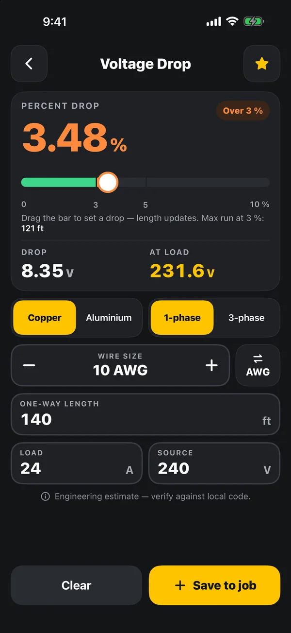 Voltage drop screen showing a 3.48 percent drop for 10 AWG copper over 140 feet